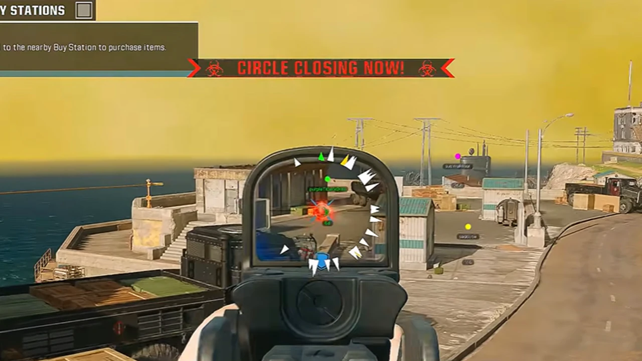 Warzone gameplay — coastal circle closing buy-station view