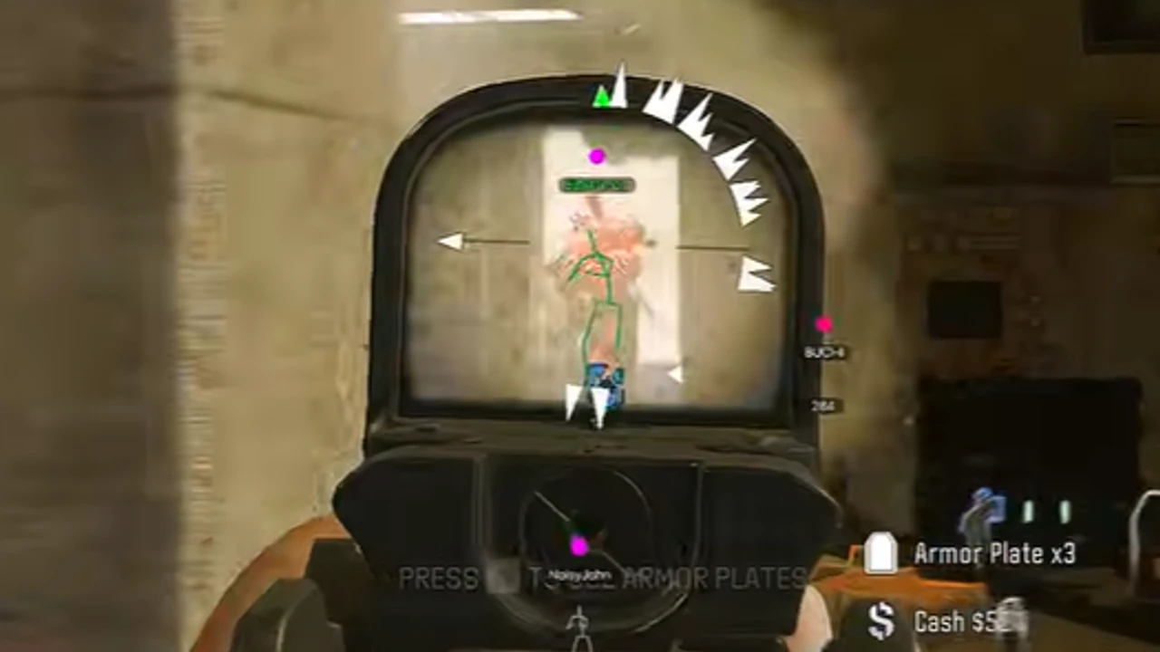 Warzone gameplay — holographic sight with green skeleton ESP